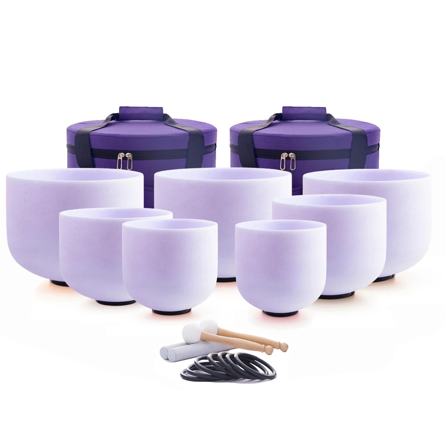 Set of 7 Crystal Singing Bowls Amethyst Gemstone Collection